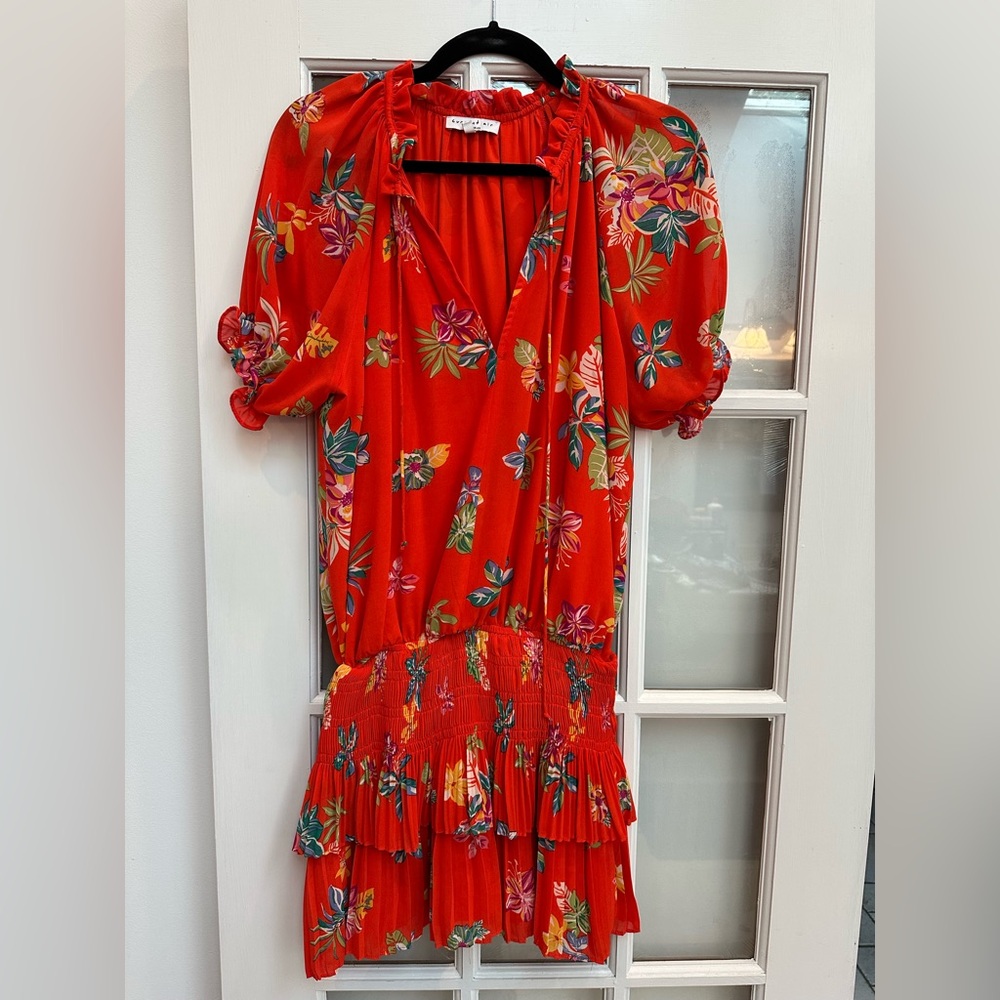 Anthropologie Current Air Poppy Red Floral Smocked Waist Mini Dress Size Small S